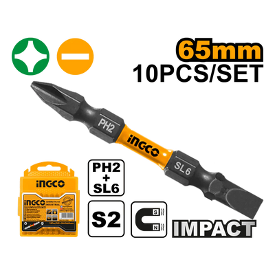 INGCO -  Impact screwdriver bits ph2+sl6*1 65mm 10 pcs SDBIM21HL133