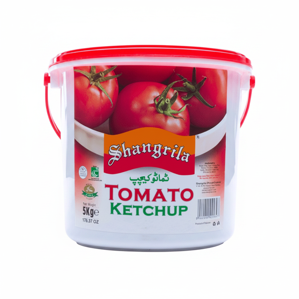 Shangrila Tomato Ketchup bucket with tomatoes on a white background
