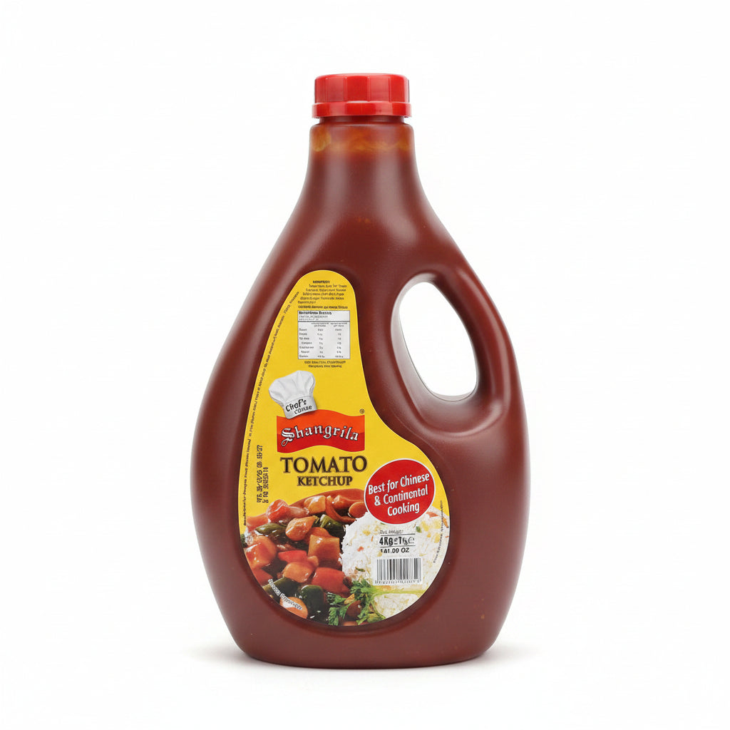 Shangrila tomato ketchup bottle on a cardboard surface