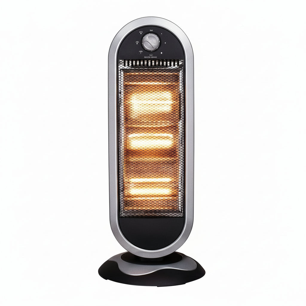 Portable electric heater with a glowing element on a white background