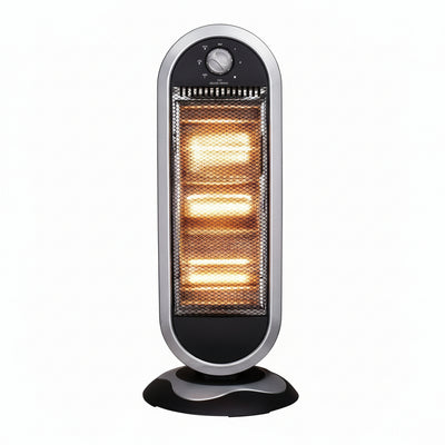 Portable electric heater with a glowing element on a white background