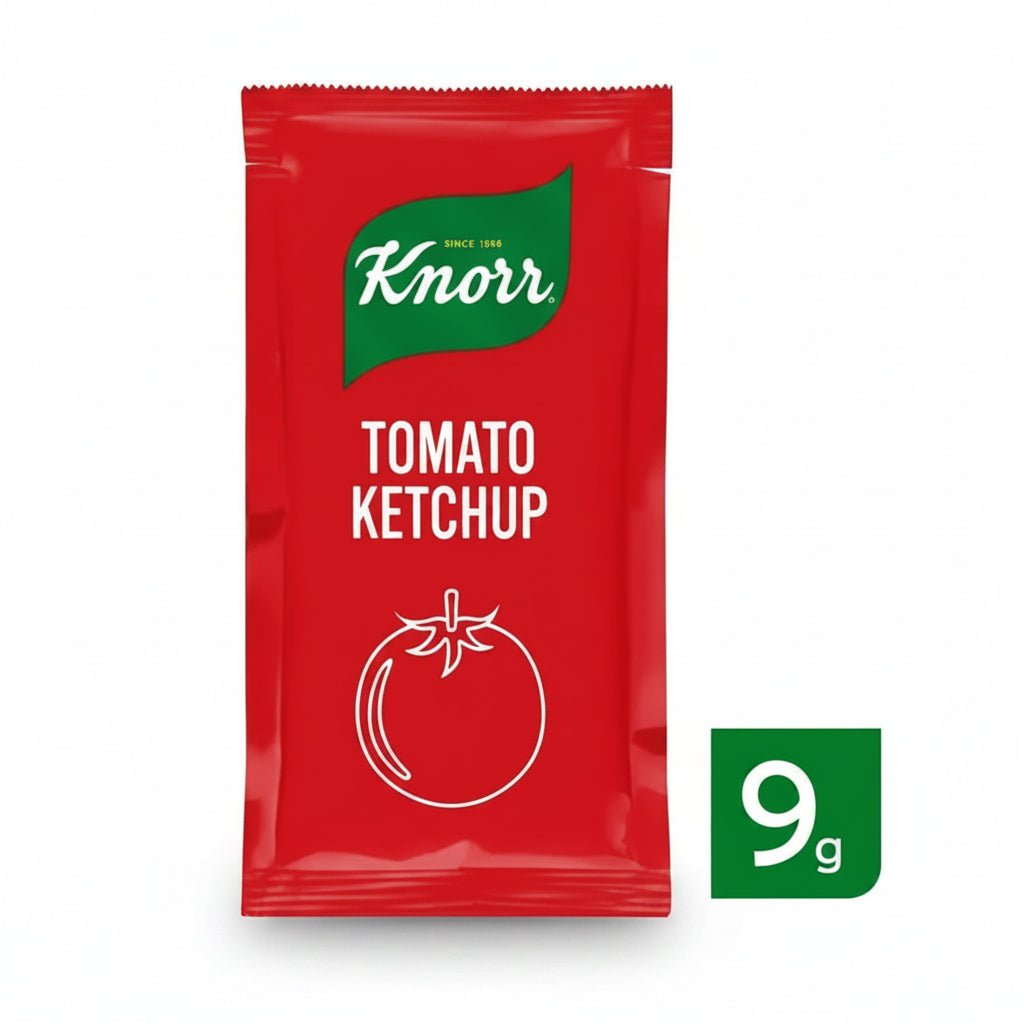 A single packet of Knorr Tomato Ketchup, 9g, shown on a plain white background with a green '9g' badge in the bottom right corner.