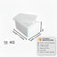 White storage box with dimensions and weight indicated on a white background