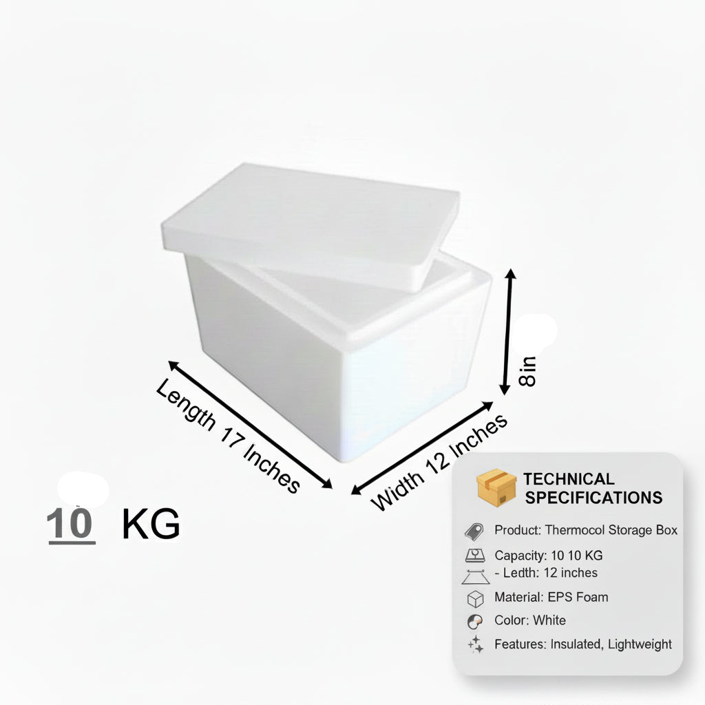 White storage box with dimensions and weight indicated on a white background
