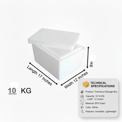 White storage box with dimensions and weight indicated on a white background