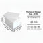 White storage box with dimensions and weight indicated on a white background