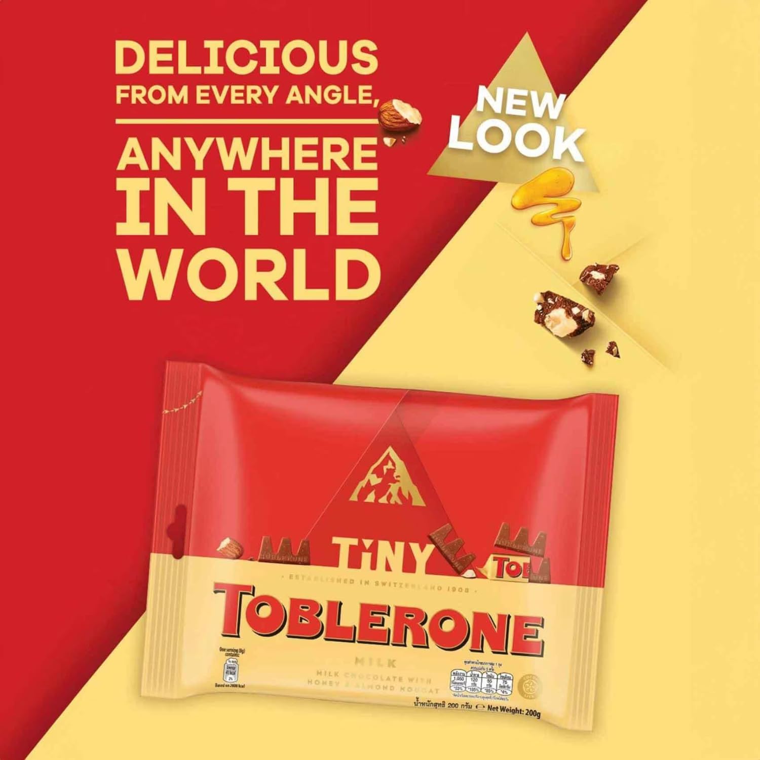 Toblerone Tiny - Milk Chocolate With Honey & Almond Nougat Bar - New Edition Packet - 200Gram