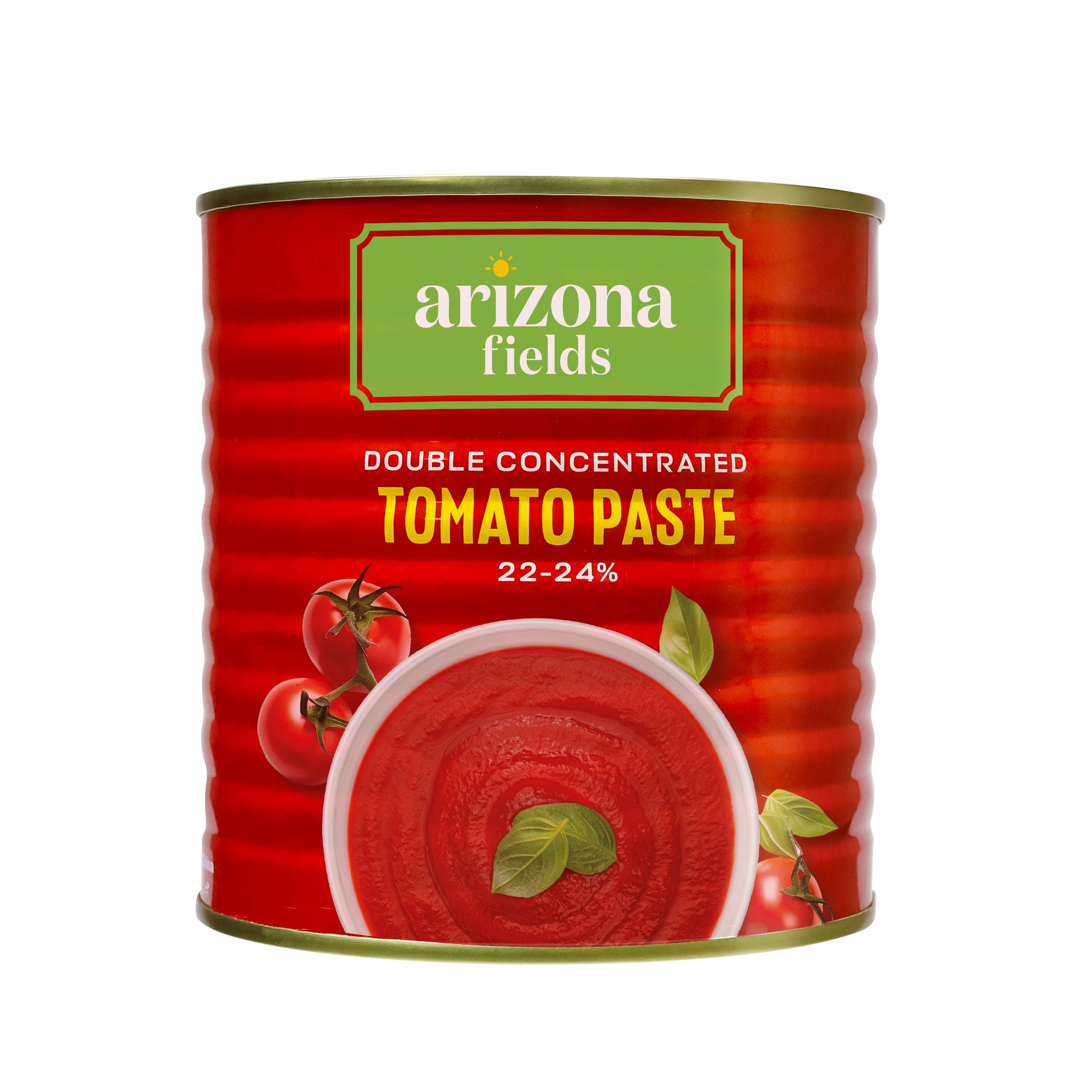 Red can of Arizona Fields tomato paste on a white background