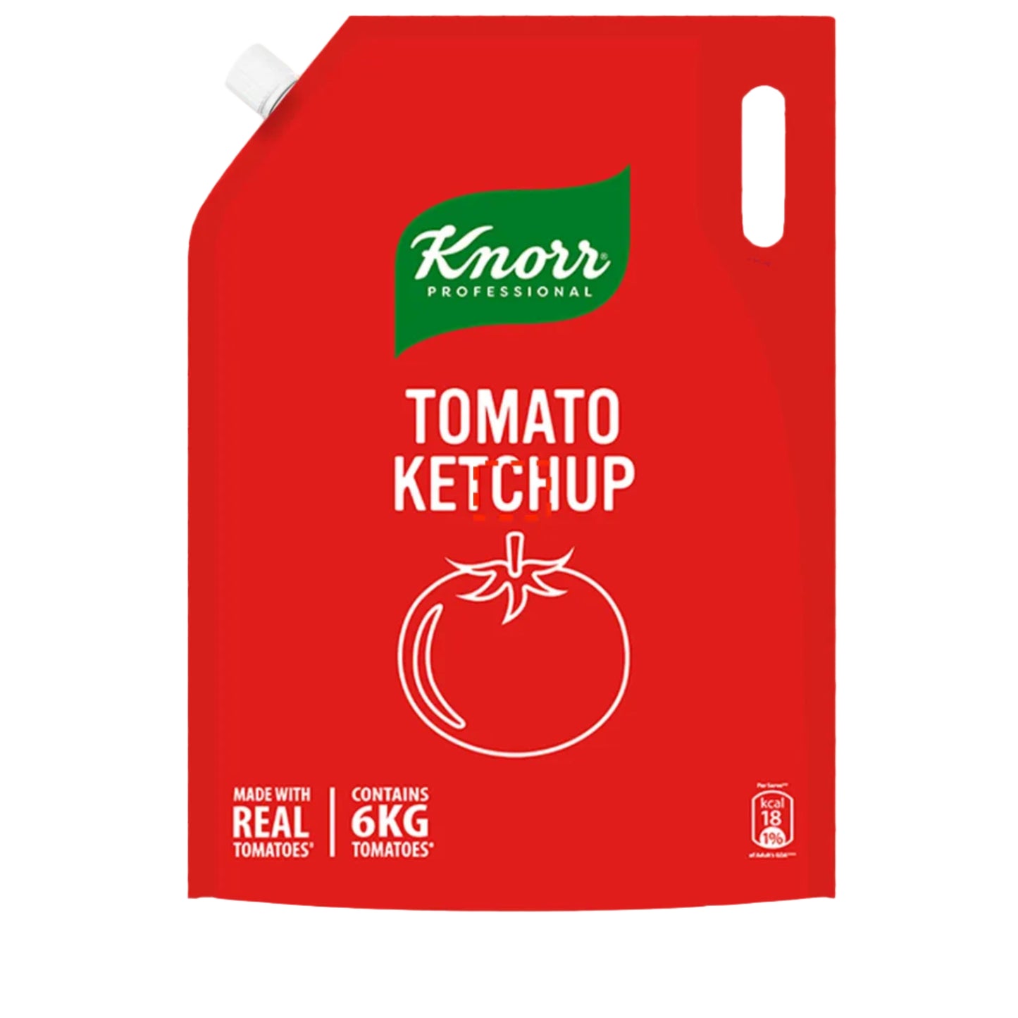 A red Knorr Professional tomato ketchup squeeze pouch with a green logo and white text, shown on a plain white background.