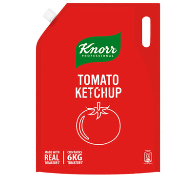 A red Knorr Professional tomato ketchup squeeze pouch with a green logo and white text, shown on a plain white background.