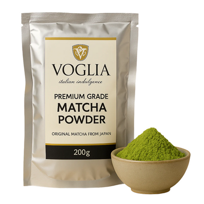 Voglia Premium Grade Matcha Powder packaging with a bowl of matcha powder on a beige background