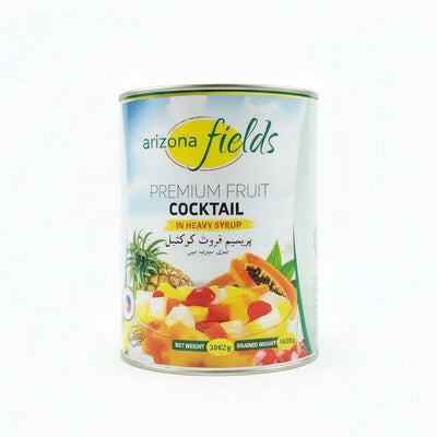 Can of Arizona Fields Premium Fruit Cocktail on a textured surface