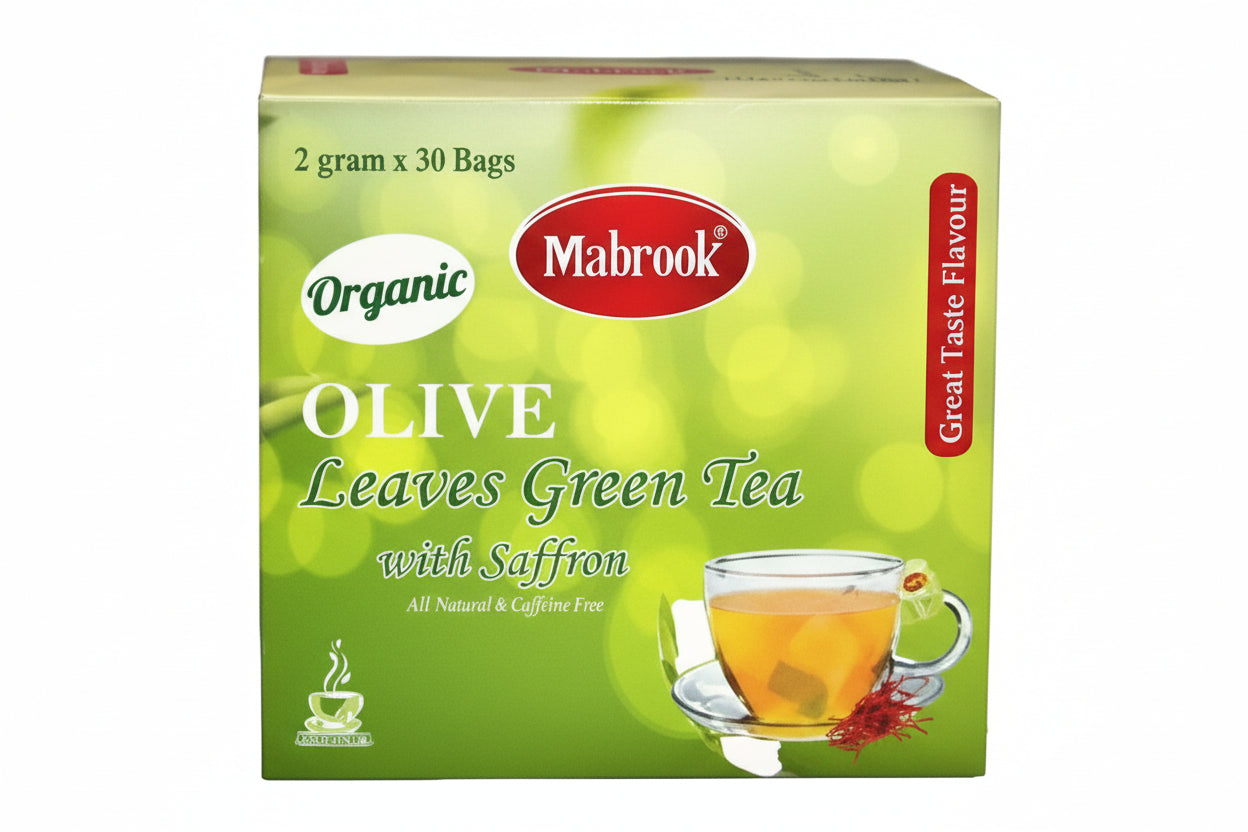 Mabrook - OLIVE LEAF GREEN TEA With SAFFRON ( Family Pack ) - 2gm Tea Bag x 30 Bags per Box / 12 Boxes per Carton