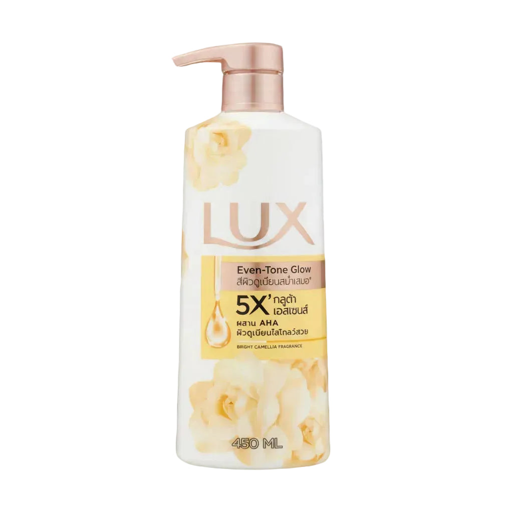 Lux body wash bottle with floral design on a light blue background