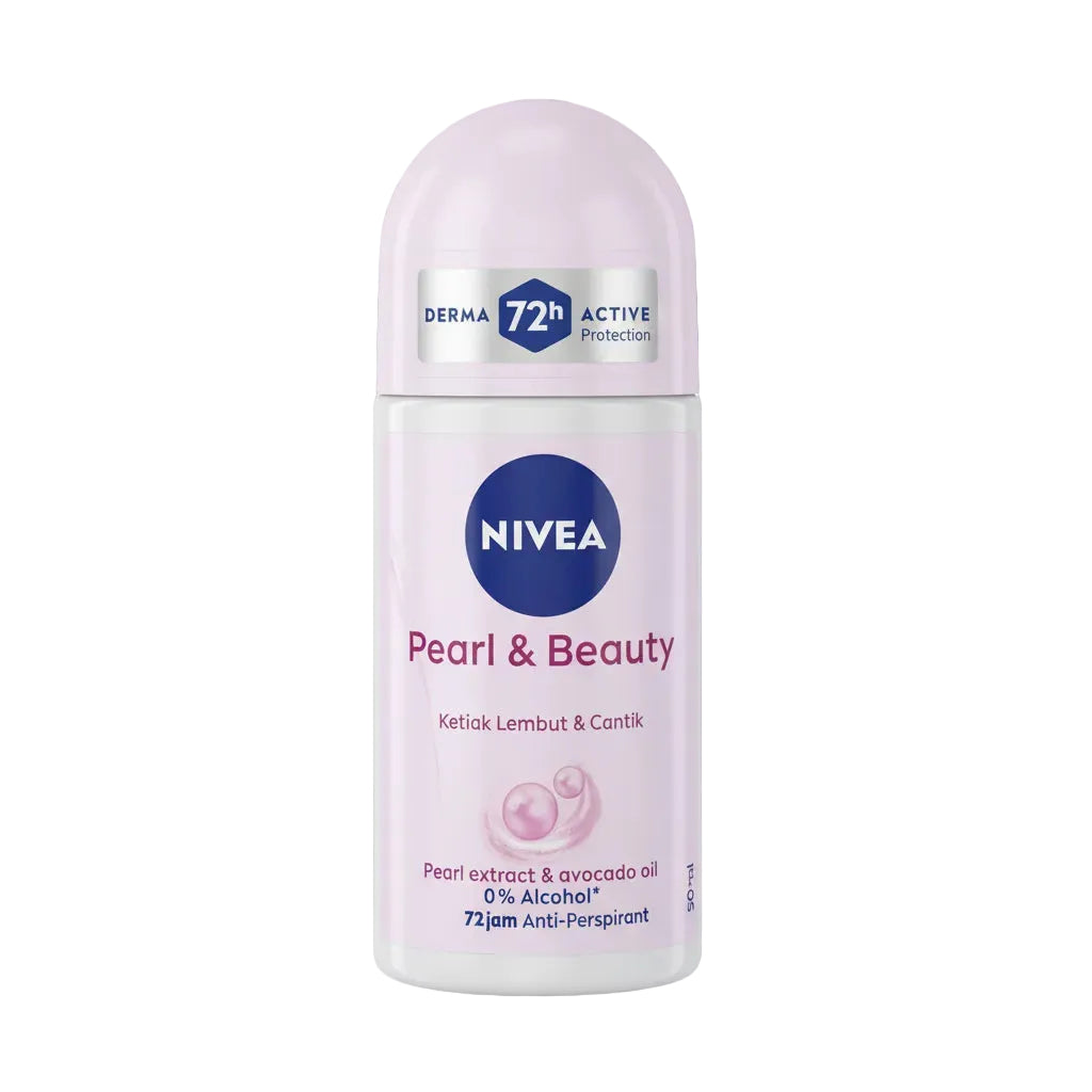 Nivea Pearl & Beauty deodorant bottle on a purple background