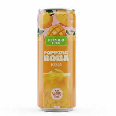 Orange can of Arizona Popping Boba Mango on a surface with a blurred background