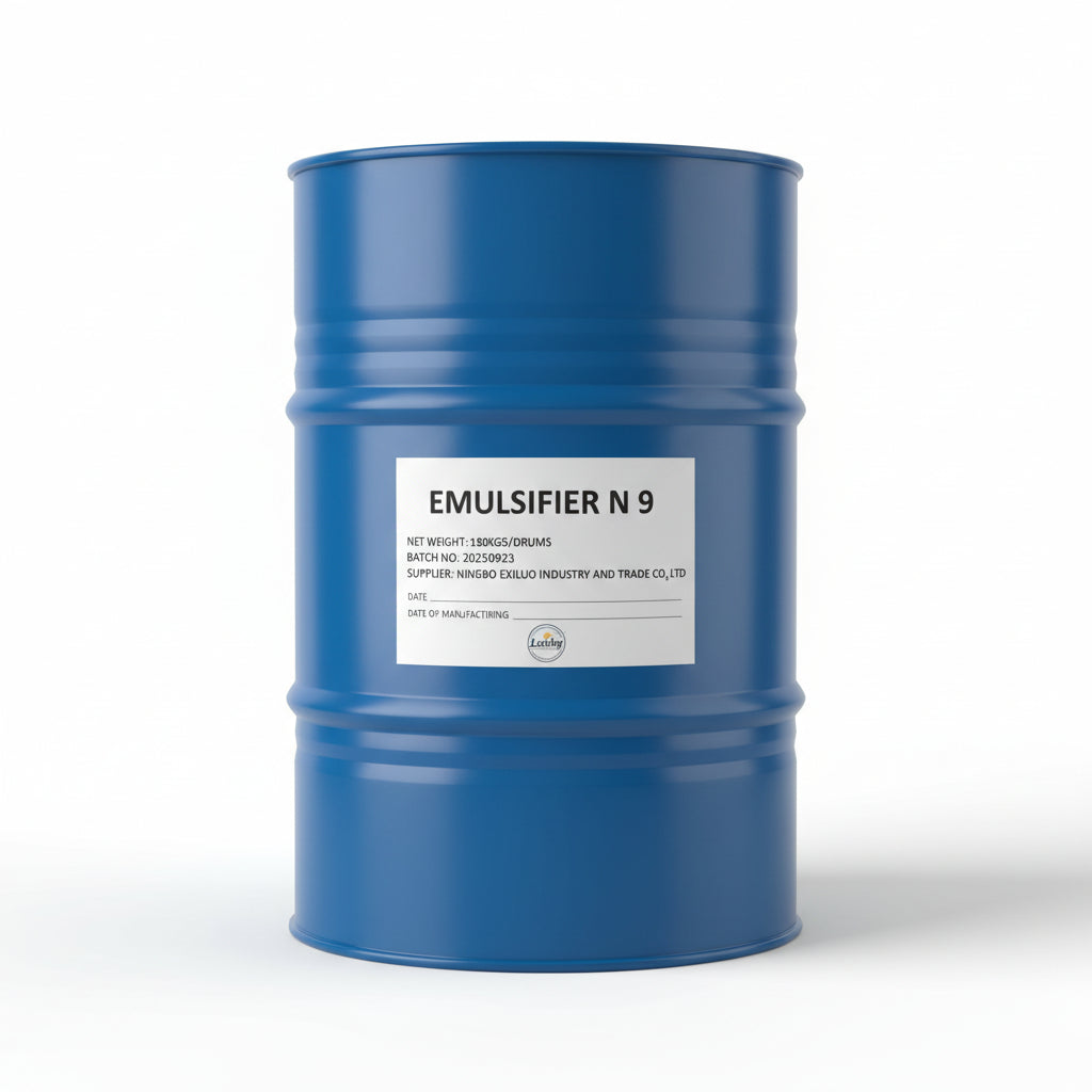 Blue drum with a label reading 'Emulsifier N 9' and 'Lucky' on a blurred background