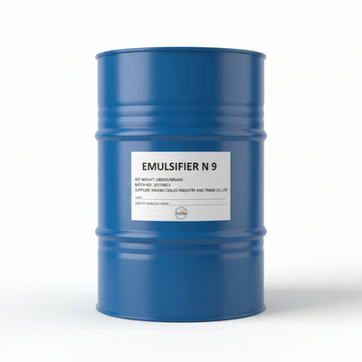 Blue drum with a label reading 'Emulsifier N 9' and 'Lucky' on a blurred background