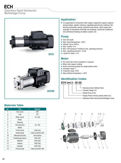 LEO - ECHM10-50 - 2200W - 3.0 HP -  Stainless Steel Multistage Centrifugal Pump- 220V~240V SINGLE PHASE- SIZE:- 1 1-2" X 1 1-4"- European STANDARD