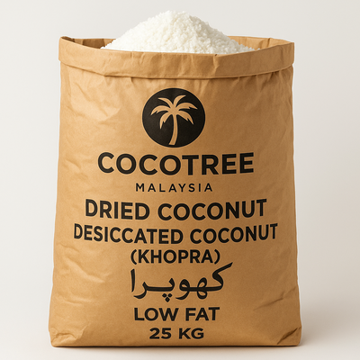 a 25 KG brown paper bag of Cocotree - Malaysia - Dried Coconut - Desiccated Coconut (Khopra) Low Fat - 25 KG - کھوپرا