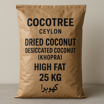 a 25 kg brown paper bag with the label Cocotree - Ceylon - Dried Coconut - Desiccated Coconut (Khopra) high Fat - 25 KG - کھوپرا