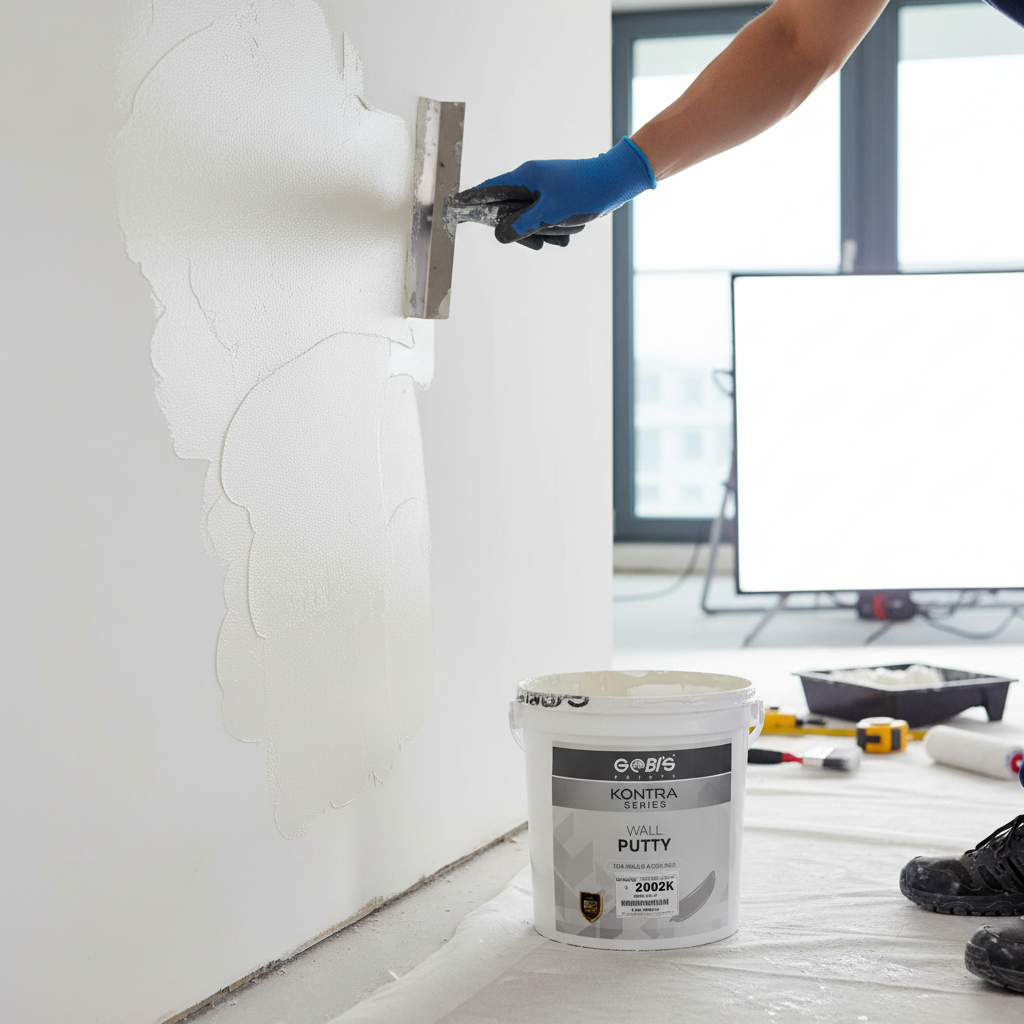Person applying putty to a wall with a container of putty and tools in the foreground.