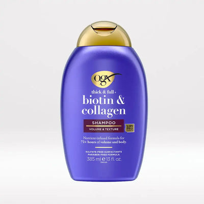 Purple shampoo bottle with gold cap on a light gray background