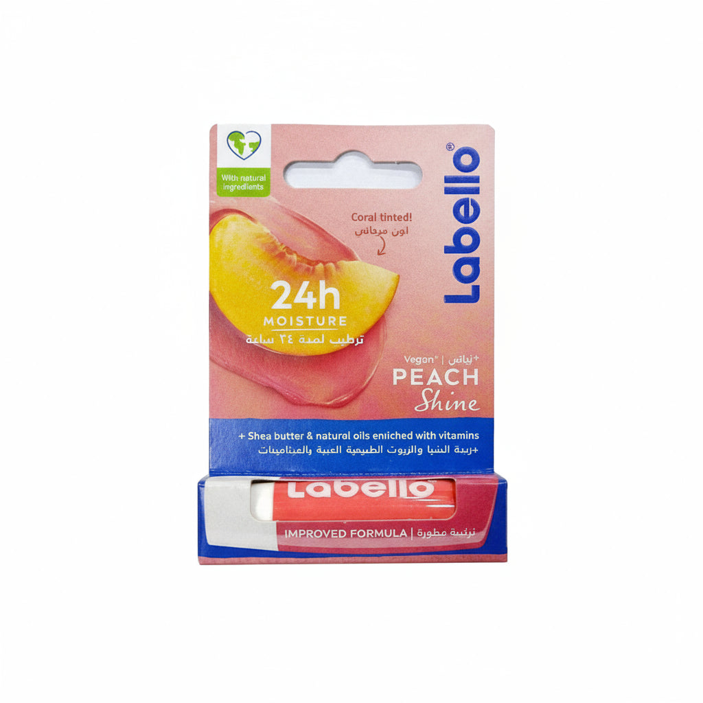 Labello peach shine lip balm packaging on a white background