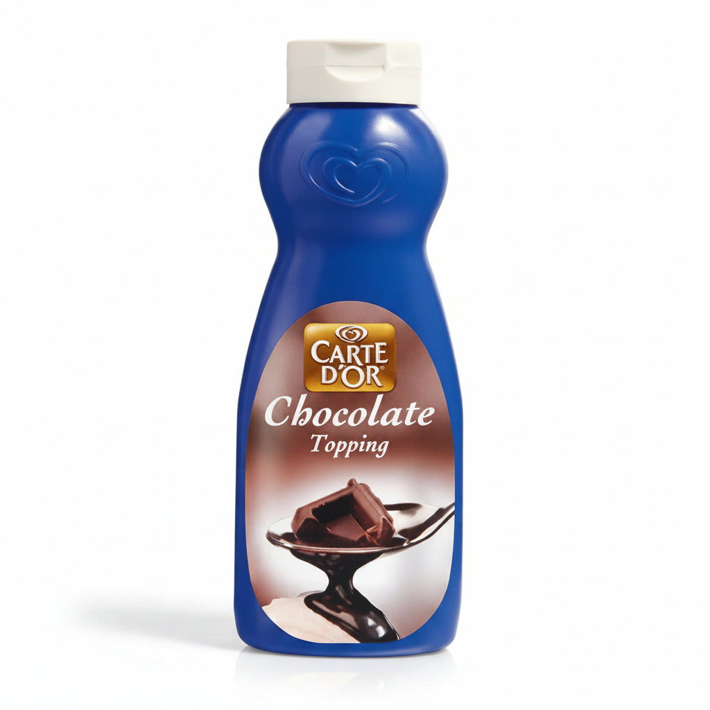 A blue squeeze bottle of Carte d'Or Chocolate Topping with a white cap, shown against a plain white background.