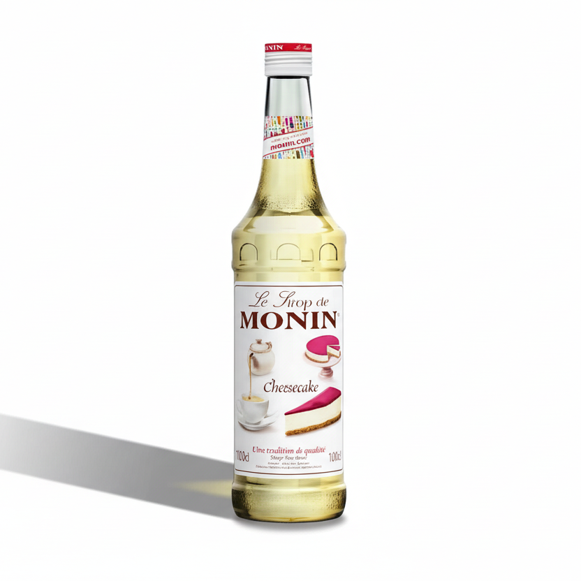 Bottle of Monin chocolate syrup on a white background