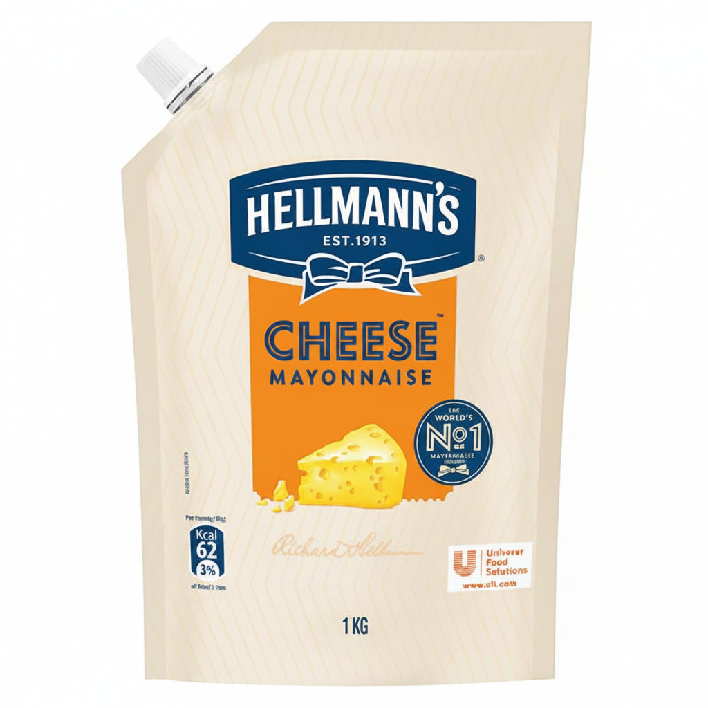 A 1 kg stand-up pouch of Hellmann's Cheese Mayonnaise on a plain white background. The packaging features the Hellmann's logo in blue and white, with an orange label area and a graphic of a wedge of cheese.
