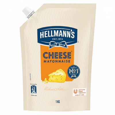 A 1 kg stand-up pouch of Hellmann's Cheese Mayonnaise on a plain white background. The packaging features the Hellmann's logo in blue and white, with an orange label area and a graphic of a wedge of cheese.