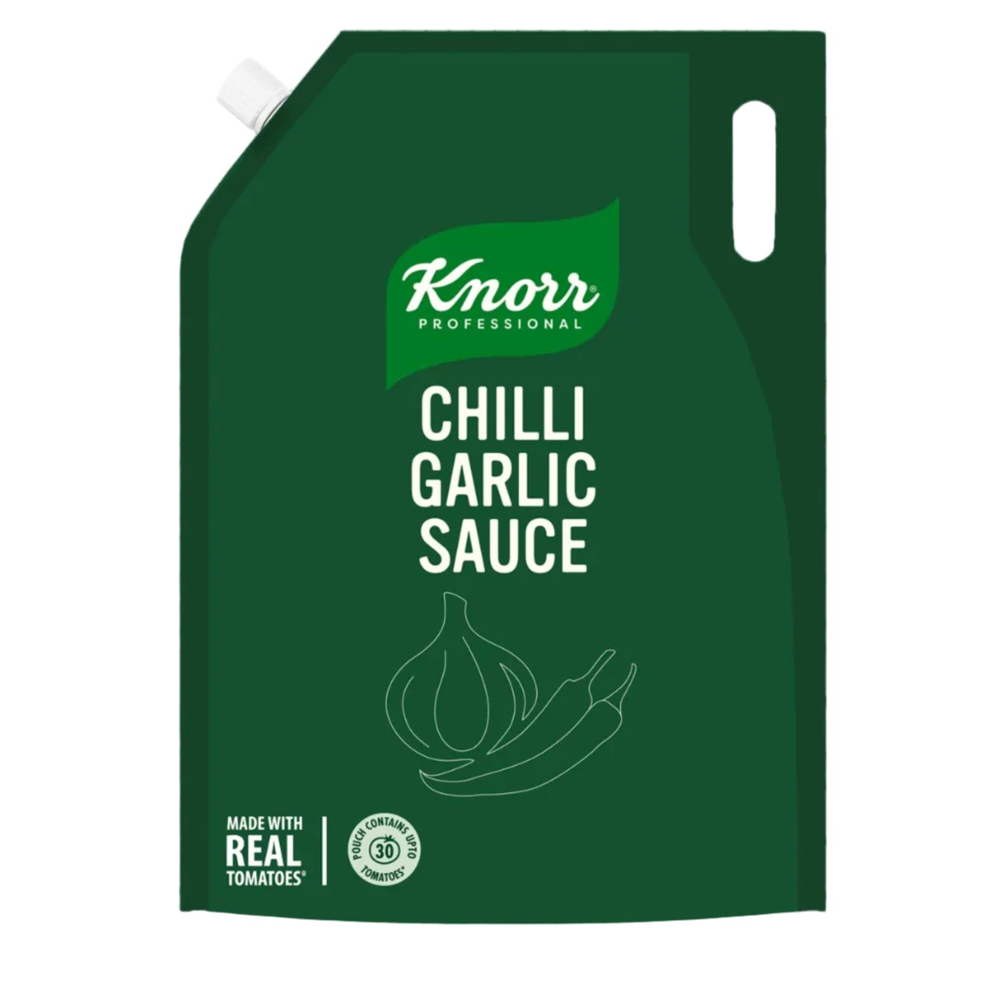 A dark green Knorr Professional Chilli Garlic Sauce squeeze pouch with a white spout cap, shown on a plain white background.