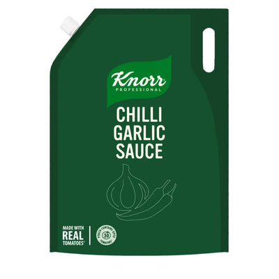 A dark green Knorr Professional Chilli Garlic Sauce squeeze pouch with a white spout cap, shown on a plain white background.