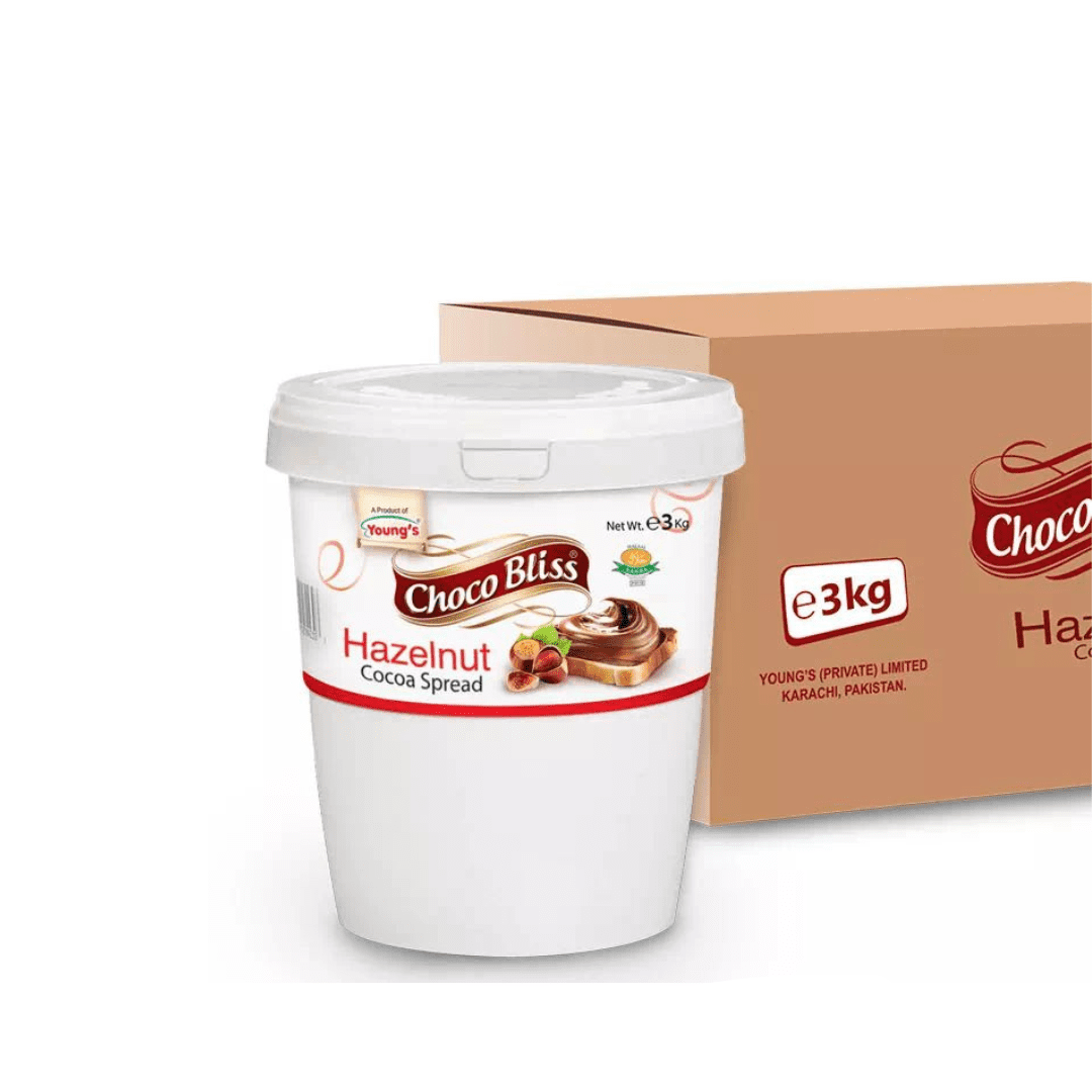 Choco Bliss Hazelnut Chocolate Spread 3kg container with packaging in the background