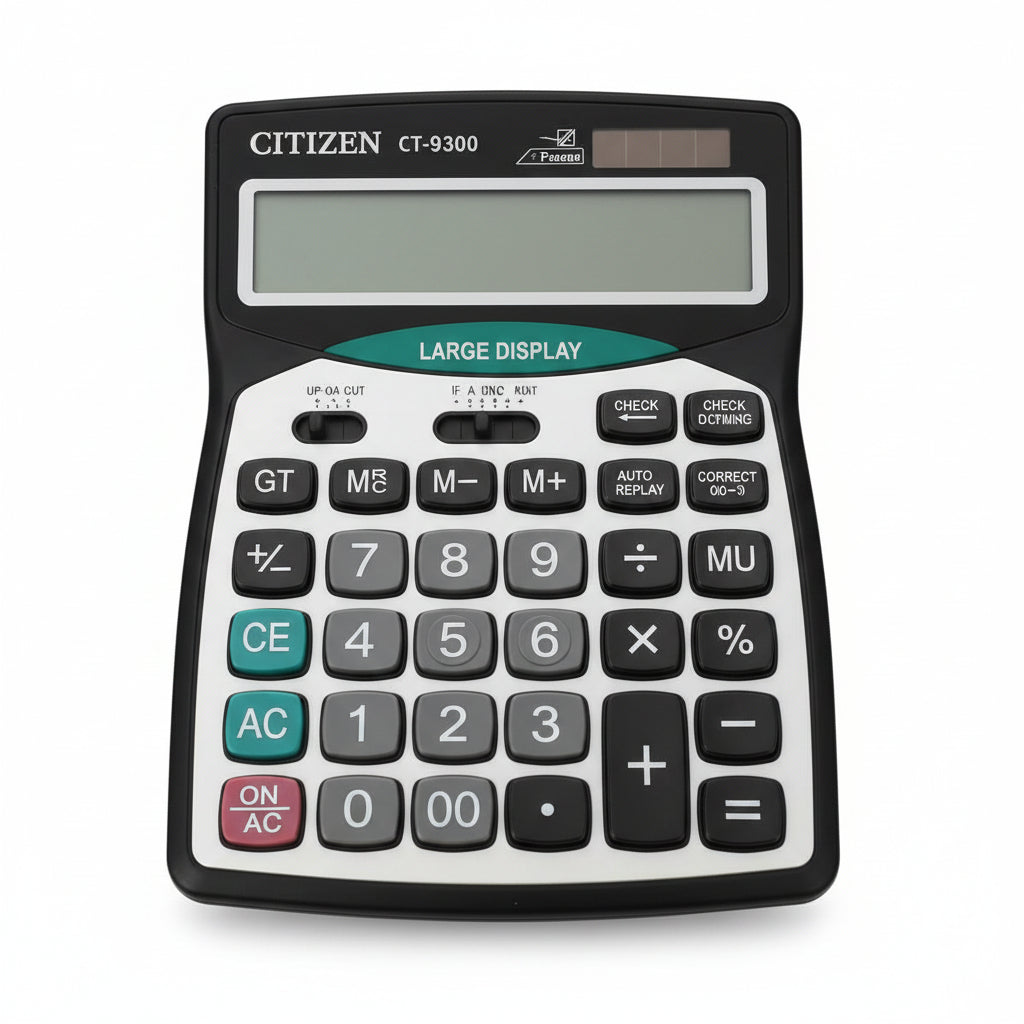 Citizen calculator with a large display in clear plastic packaging.