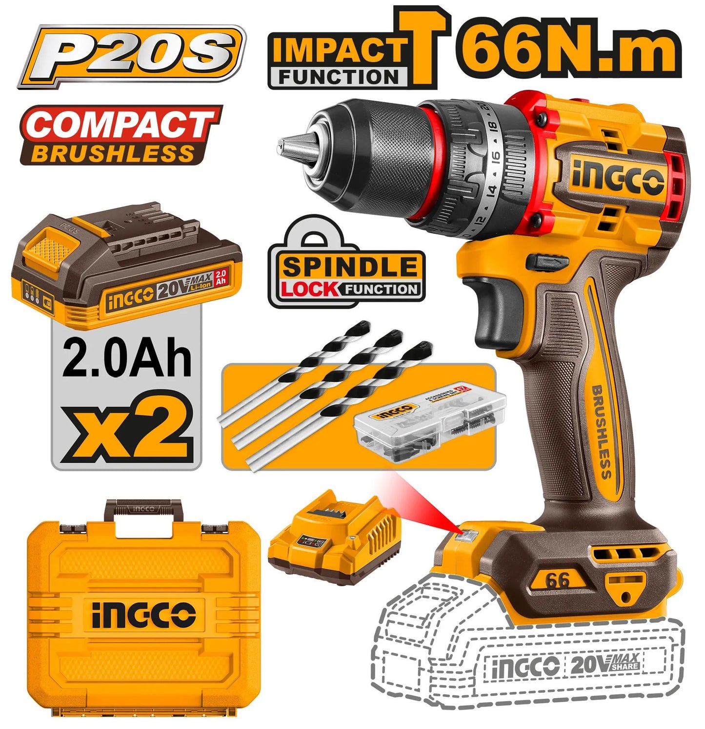 INGCO -  CIDLI20668 Compact Brushless Cordless Impact Drill