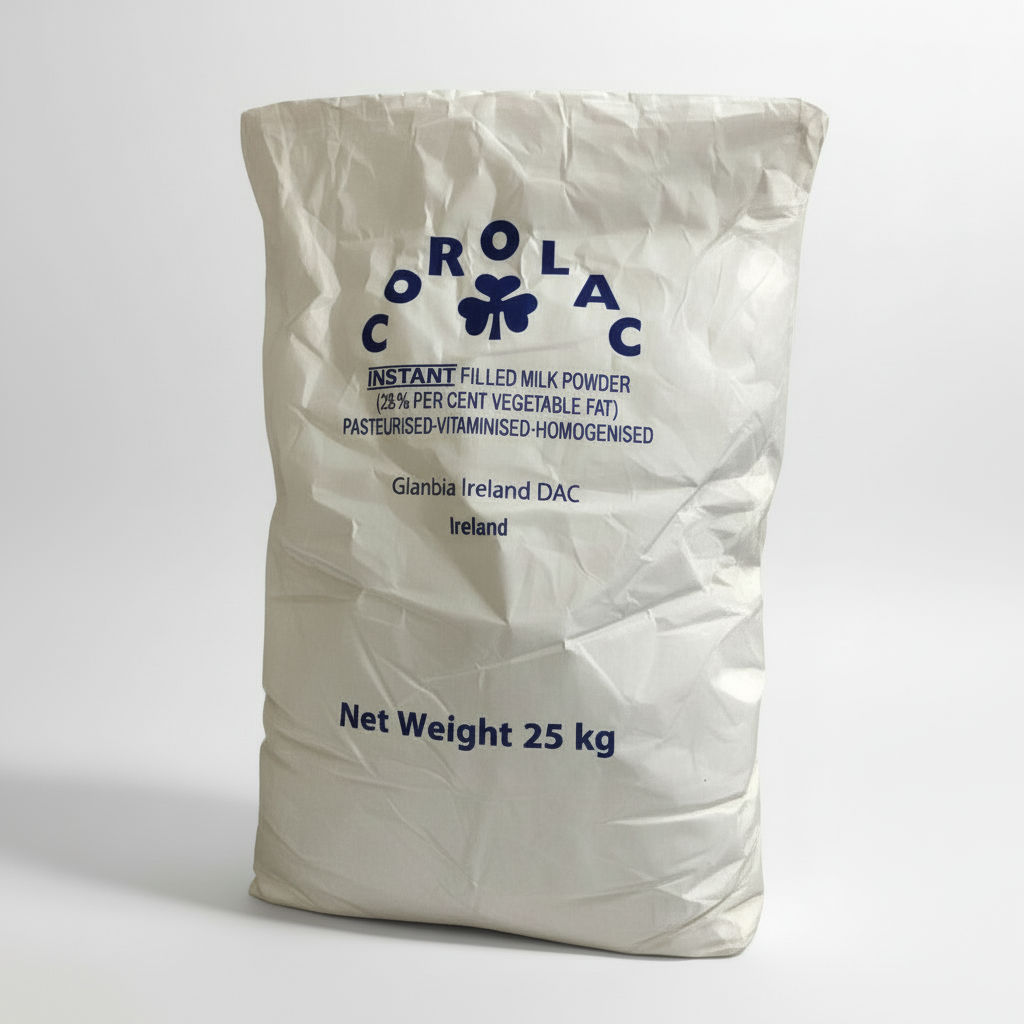 Bag of Corolac instant filled milk powder on a white background
