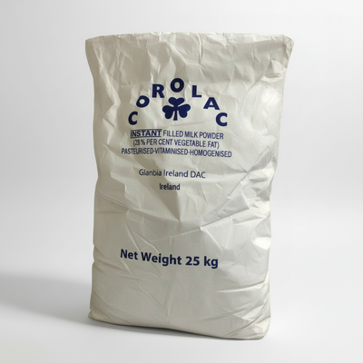 Bag of Corolac instant filled milk powder on a white background