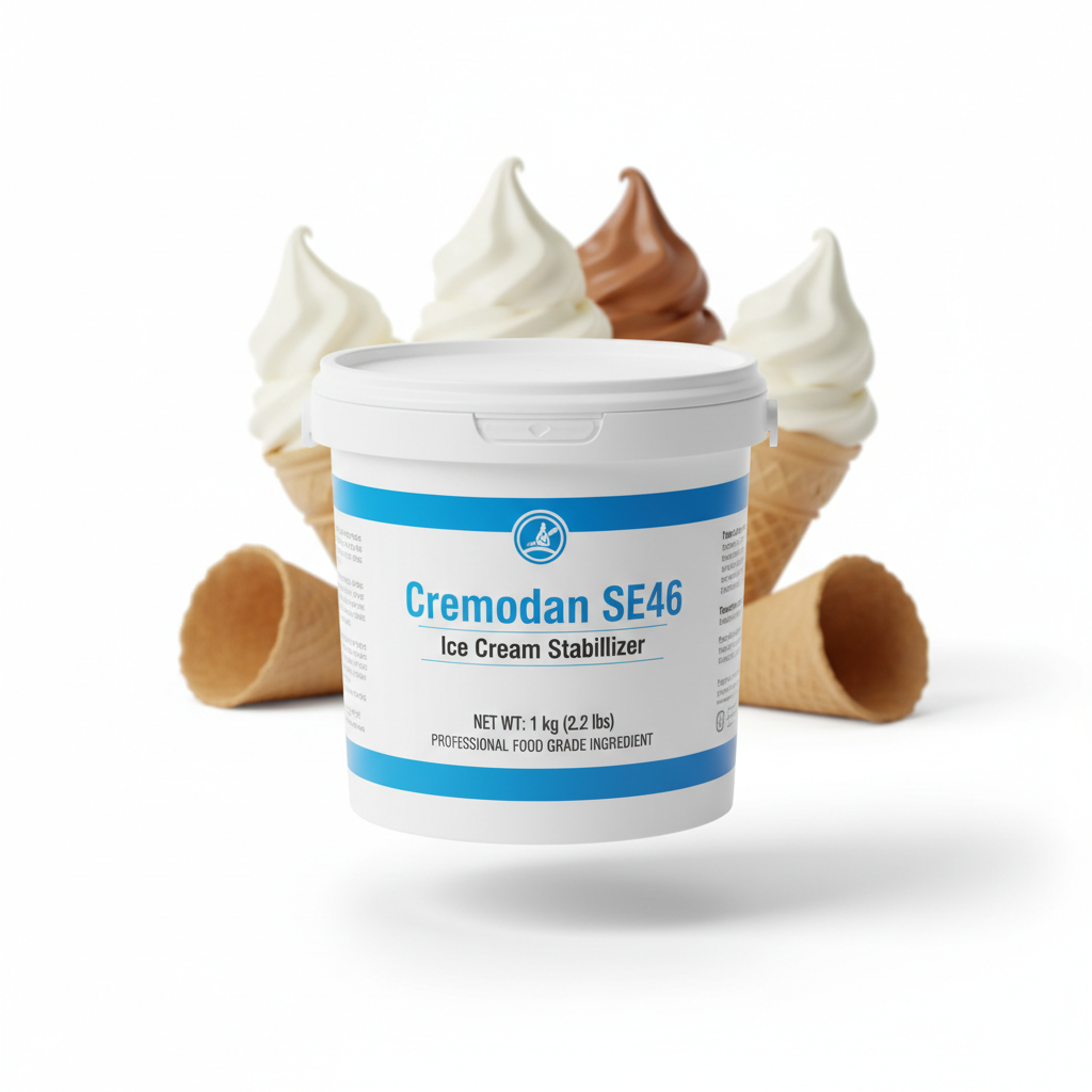Cremodan SE46 ice cream stabilizer container with ice cream cones in the background