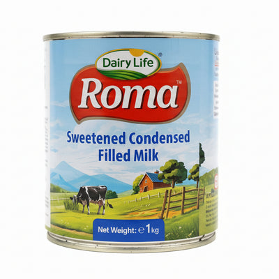 Can of Dairy Life Roma Sweetened Condensed Filled Milk on a reflective surface