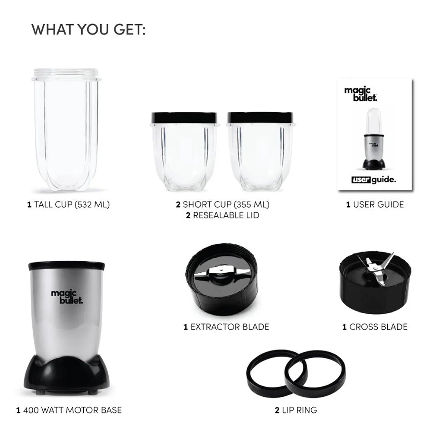List of Magic Bullet product components on a white background