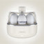 Egg holder with three eggs inside on a light beige background, featuring the brand 'nutricook'.