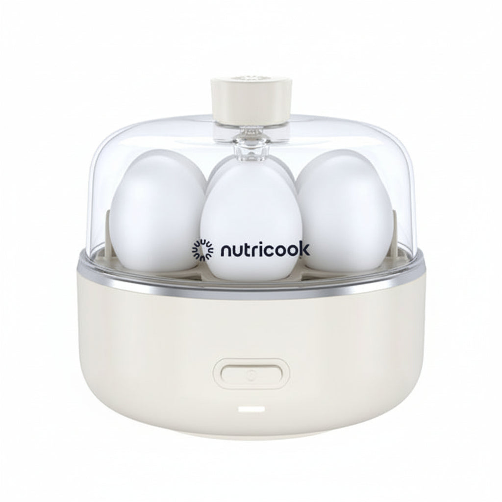 Nutricook egg holder with three eggs on a white background