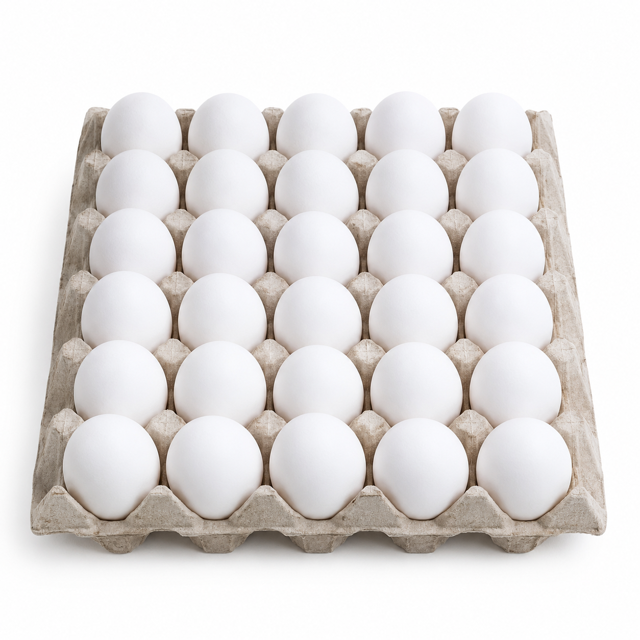 A carton holding 24 white eggs arranged in a grid on a plain white background.
