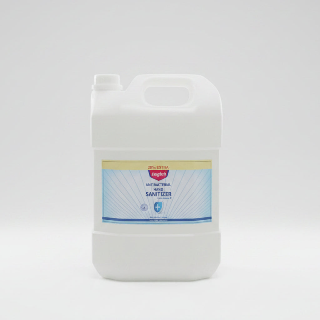A large white plastic jug of Kingbii Antiseptal Hand Sanitizer sitting on a beige textured surface in an indoor setting.