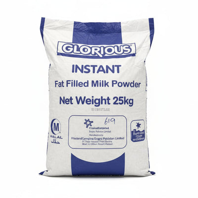 Bag of GloMilk instant fat filled milk powder with visible branding and text.
