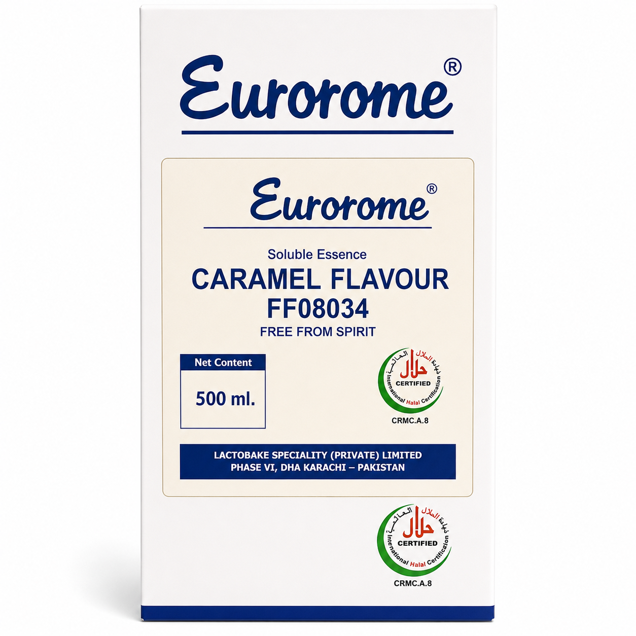 Eurorome Soluble Essence Caramel Flavour FF08034 500ml halal certified food flavour for bakery, beverages, desserts, confectionery and food manufacturing.