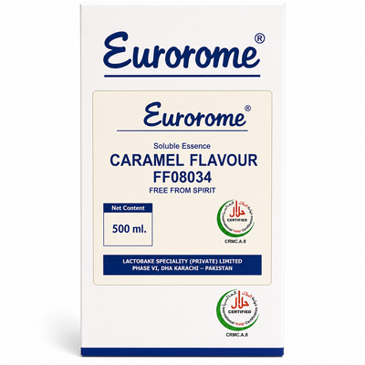Eurorome Soluble Essence Caramel Flavour FF08034 500ml halal certified food flavour for bakery, beverages, desserts, confectionery and food manufacturing.