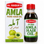 Al Haque's Pure Amla Hair Oil shown as a dark glass bottle with a red cap next to its white and green retail box, featuring amla fruit illustrations.